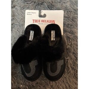 True Religion Womens Slippers Medium Black Rhinestone Logo Faux Fur Slides New
